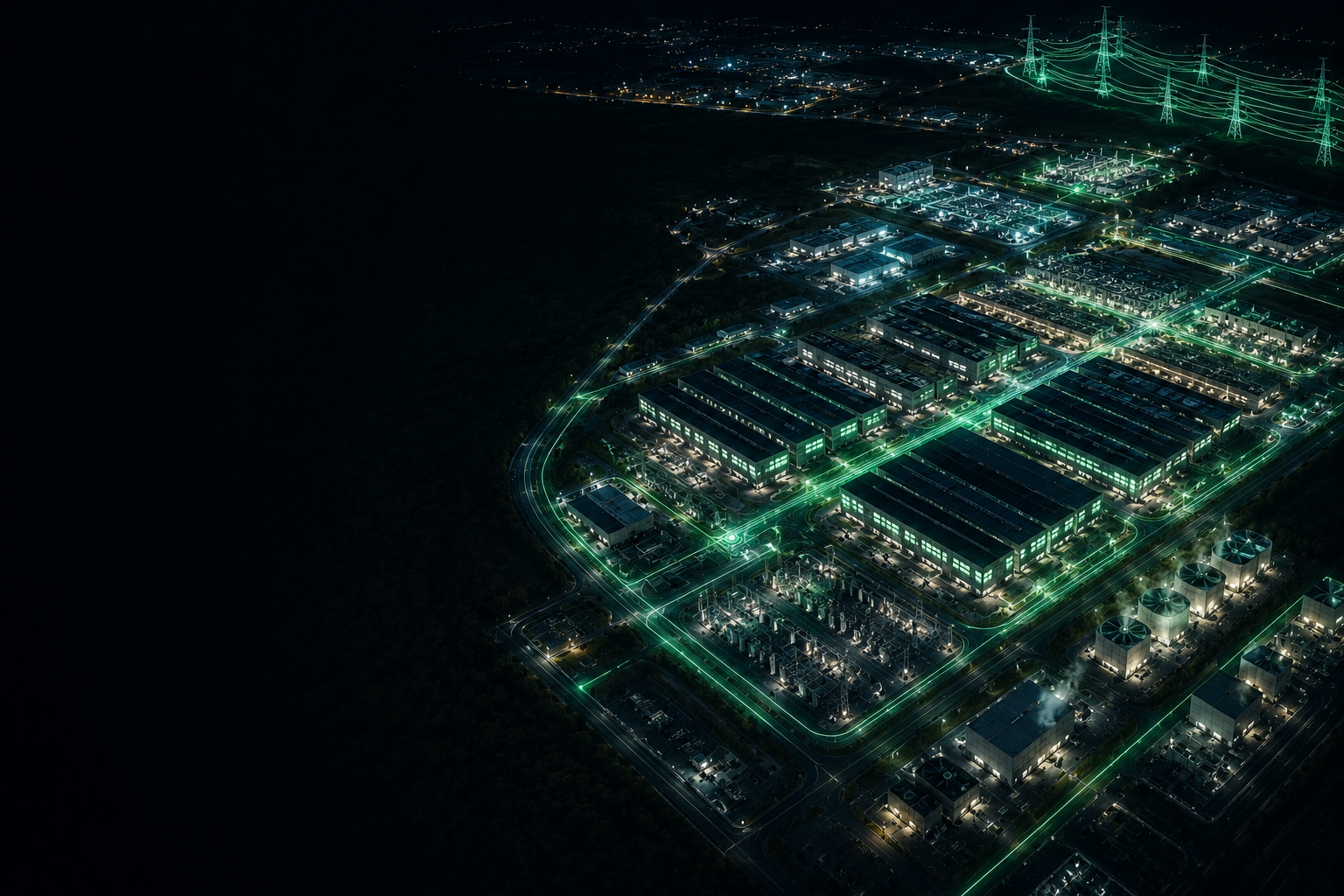 AI data center infrastructure at night